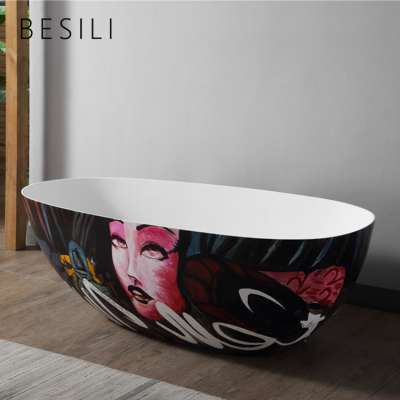 China Supplier Black Free Standing Portable Stone Bath With Colorful Painting Hot Tub