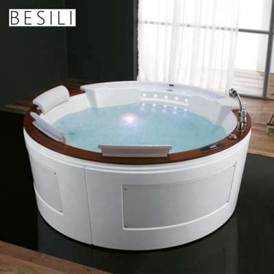 Round 810mm glossy white freestanding acrylic 2 person massage bathtub