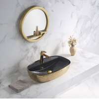 Chaozhou ceramic wholesaler gold and black color luxury bathroom art wall hung countertop with sink new nice design wash basin