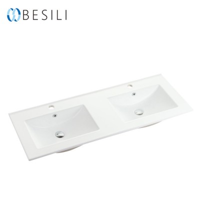 Besili CE Approved bathroom counter double sink foshan ceramic hand washing basin L120D