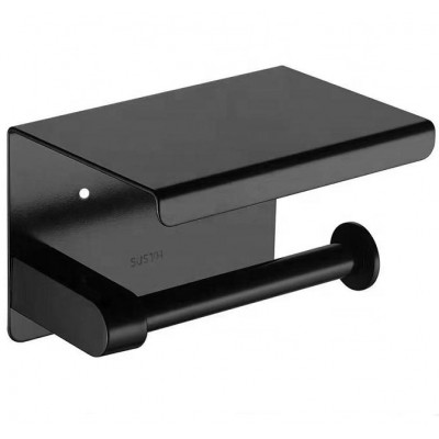 High quality wall mounted black paper holder 304 stainless steel toilet paper holder with mobile phone shelf K25B